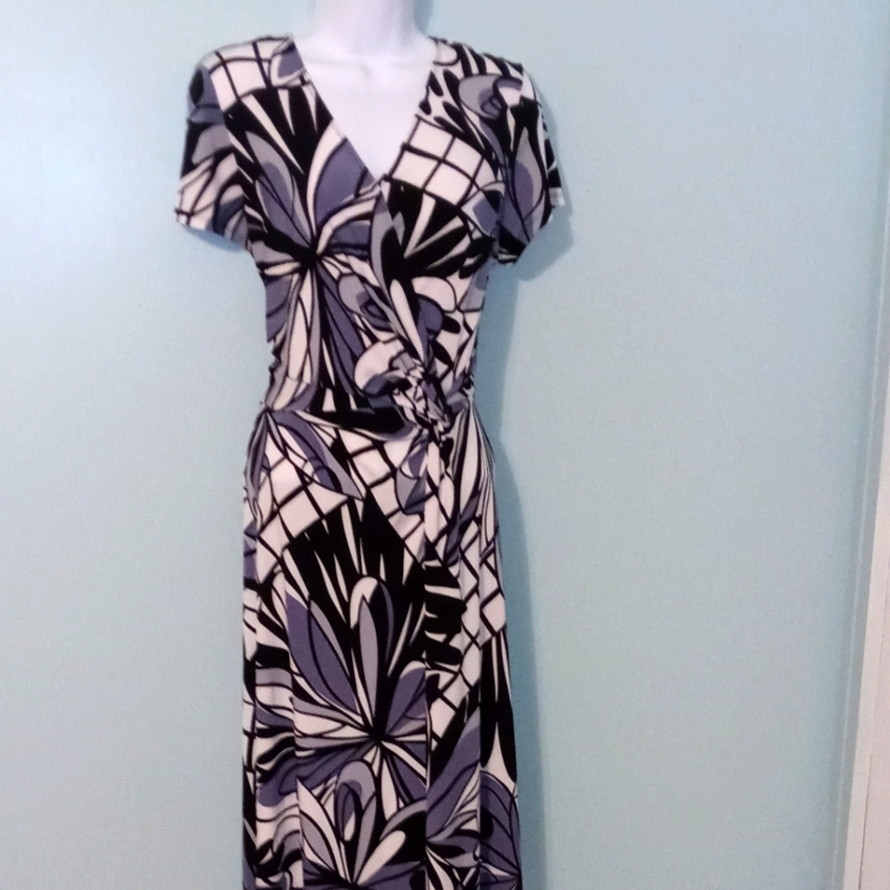 Dress Barn Faux Wrap Dress Size 14 Black White Gray Soft Polyester Spandex